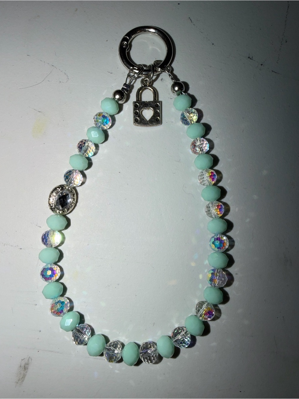 Mint and Iridescent Beaded Keychain with Heart Lock Charm